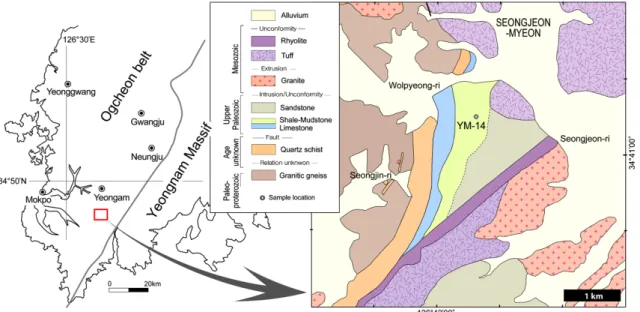 Fig. 1. Geological map of the study area and a sample location for the U-Pb SHRIMP zircon age determination.
