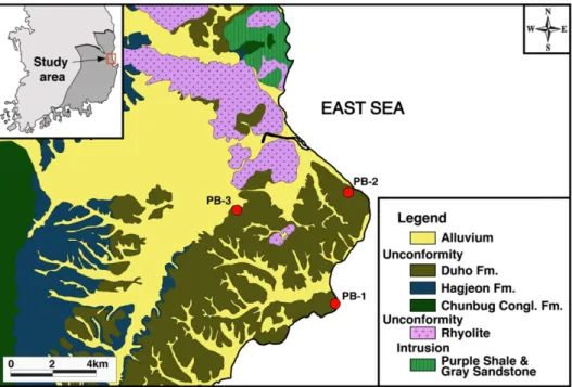 Fig. 1. Geological map of the Pohang area (after Yun, 1986) and sample location.
