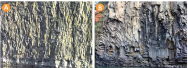 Fig. 2. Vertical shaped columnar joint at the Chatan- Chatan-cheon (A) and radial shape columnar joint at the Songdaeso (B).