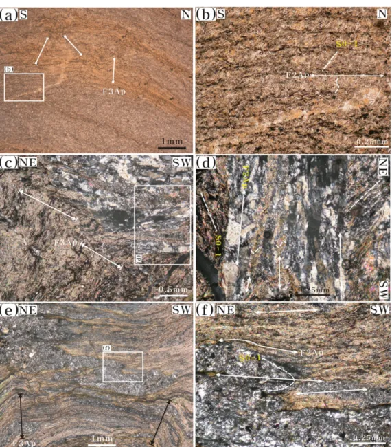 Fig. 11. Photomicrograph of major microstructures related to D3 deformation [(a, b) Limestone of Joseon Supergroup, open nicol, (c-f) Seochangri Formation of Ogcheon Supergroup, crossed nicol]