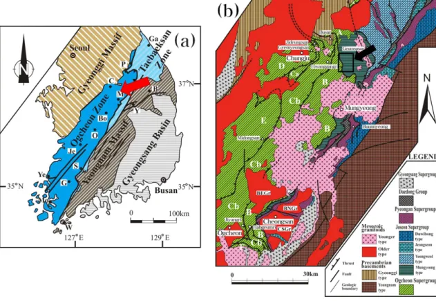 Fig. 1. (a) Tectonic province map of the southern part of the Korea Peninsula [modified from Kang and Lee (2002)]