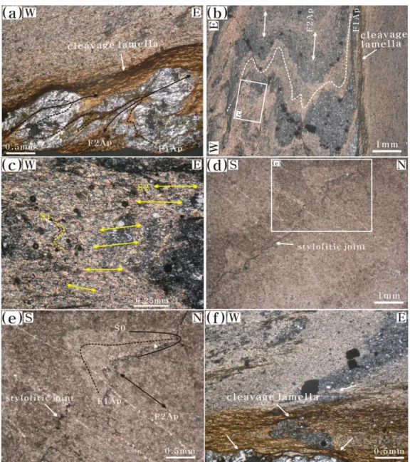 Fig. 7. Photomicrograph of major microstructures related to D2 deformation (crossed nicol) [(a-c, f) Seochangri Formation of Ogcheon Supergroup, (d, e) Limestone of Joseon Supergroup]