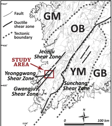 Fig. 1. Tectonic map of the southwestern area of Korea showing the location of the study area (modified after Hwang  et al., 2001)
