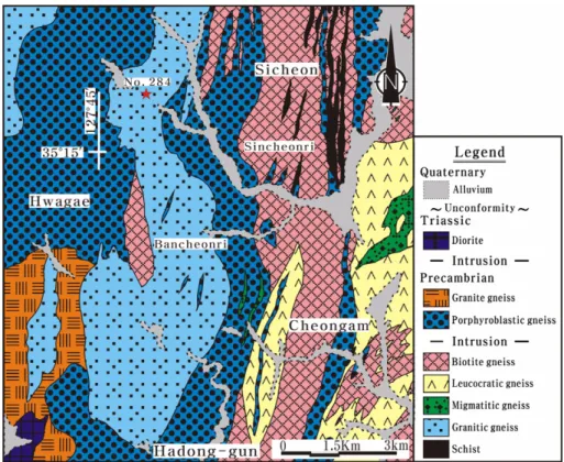 Fig. 2. Geological map of the Hwagae area (modified from Choi et al., 1964 and Son et al., 1964).