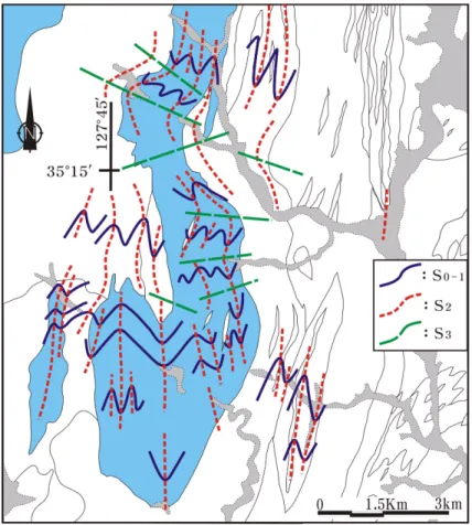 Fig. 8. Trajectories of main D 1 -D 3  structural elements in the study area.