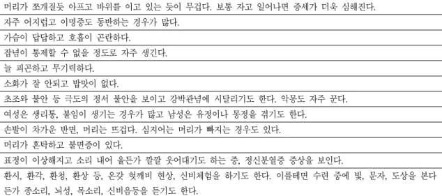 Table 1. 주화입마의 증상 머리가 쪼개질듯 아프고 바위를 이고 있는 듯이 무겁다.  보통 자고 일어나면 증세가 더욱 심해진다. 자주 어지럽고 이명증도 동반하는 경우가 많다