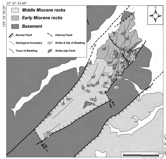 Fig. 5. Structural map of the Ipcheon Subbasin showing geological boundaries, major faults, and attitudes and traces of bedding.