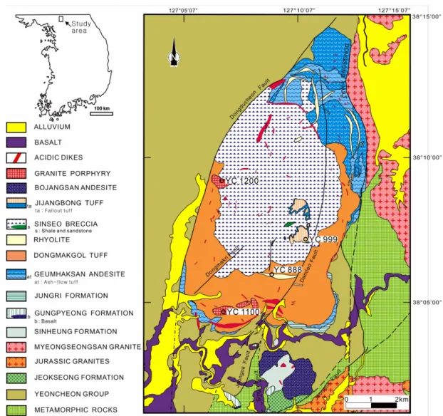 Fig. 1. Geological map of the Cheolwon Basin, showing sample locations of the present study together.