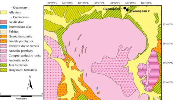 Fig. 4. Geologic map and sample locations at Haman area (modified from Choi and Kim, 1963).