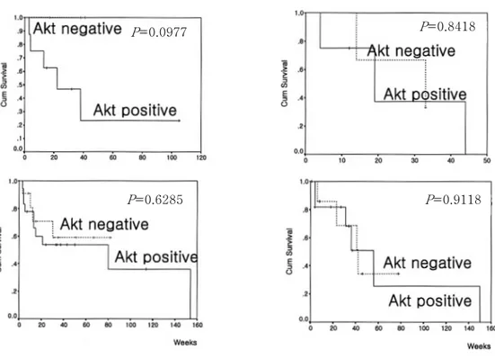Fig.  2.  Graphs  showing  survival  duration  according  to  Akt-expression  in  ALL  and  AML  patients  (Overall  survival  of  ALL,  disease  free  survival  of  ALL,  overall  survival  of  AML  and  disease  free  survival  of  AML,  clockwise  from 