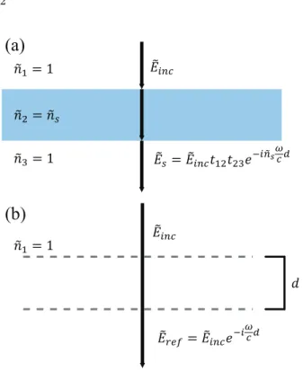 Fig. 3. Schematic diagram of electromagnetic waves transmitted through (a) a sample with a thickness of d and a complex refractive index of ˜ n s , and (b) air.