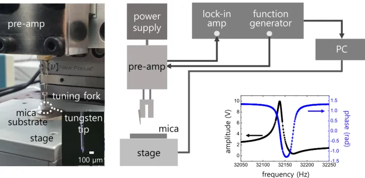 Fig. 2. (Color online) Experimental setup of quartz tuning fork-based atomic force microscope