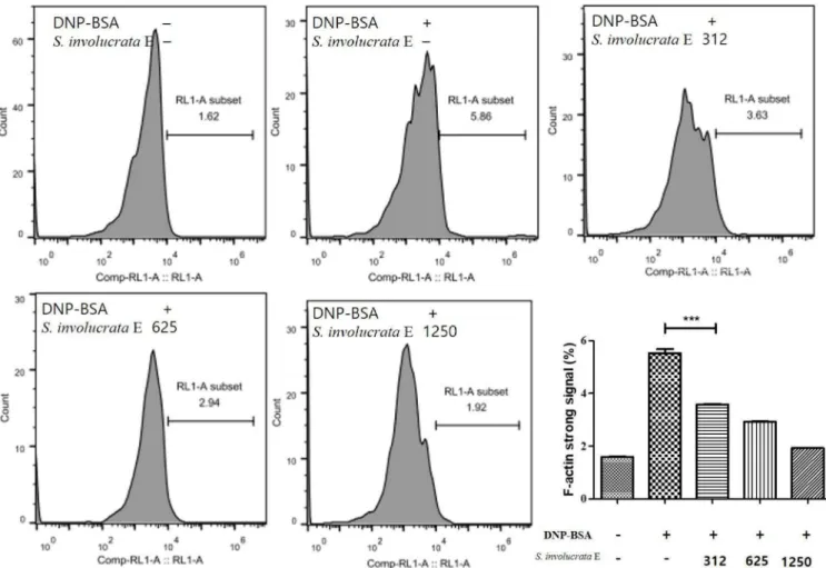 Fig. 4. Effect of Saussurea involucrata (Kar. &amp; Kir.) Sch. Bip. extract on F-actin expression in IgE-stimulated RBL-2H3 cells