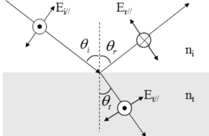 Fig. 6. (Color online) Reflection and refraction on the surface of birefringent material (o:ordinary ray, e:extra ordinary ray)