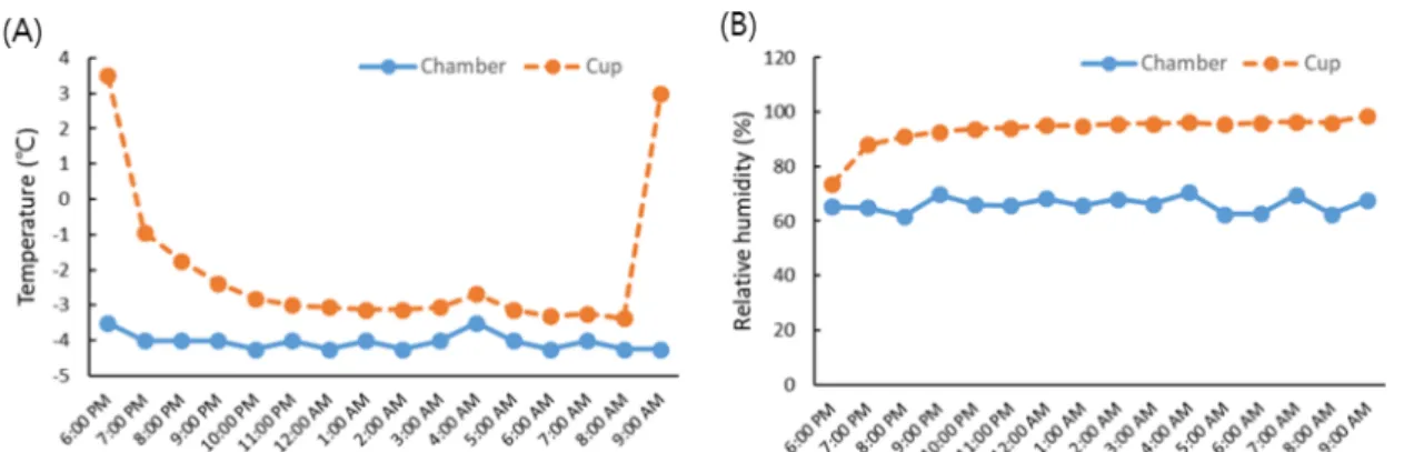 Fig. 1. Temperature (A) and relative humidity (B) in the cold room (line) and in the plastic cup (dash) for cold treatment on ginseng seedlings