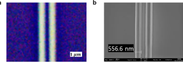 Fig. 4. (Color online) Optical image(a) and SEM im- im-age(b) of photolithography patterns near 560 nm, nearly approaching an optical diffraction limit.