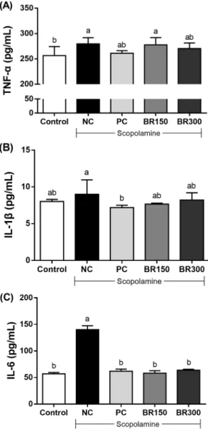 Fig. 4. Effects of black rice aleurone layer (BR) extracts on cholinergic nervous system activity in the serum of mice with scopolamine-induced memory impairment.