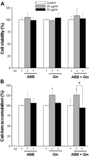 Fig. 5. Effect of Gin and ABB on the cytoxicity and calcium accumulation of MC3T3-E1 cells.