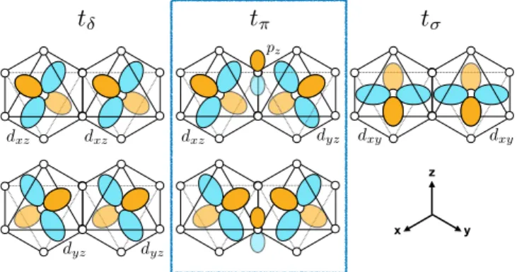 Fig. 6. (a) A cartoon diagram of electron hopping path mediated via t π channels between two adjacent