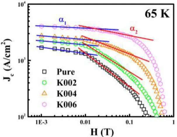 Fig. 1. (Color online) Double logarithmic J c plots as a function of magnetic fields for all samples measured at 65 K