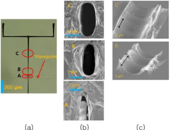 Fig. 11. (Color online) (a) Optical micrograph showing three narrow areas in the 1 µm/ 0.2 µm filter-channel, (b) SEM micrographs of the cross section at A, B, and C, and (c) SEM micrographs showing the inner-surface of microchannel at B and C