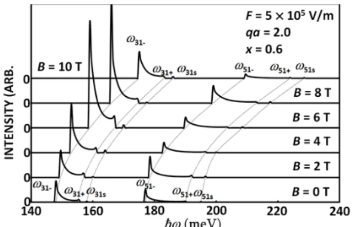 Fig. 7. ℏω versus Raman intensities for bulk and surface plasmons due to intersubband transitions using γ = 10 −9 meV at qa = 2.0, x = 0.6, and F = 5 ×10 5 V/m under the same magnetic fields as those used for previous figures.