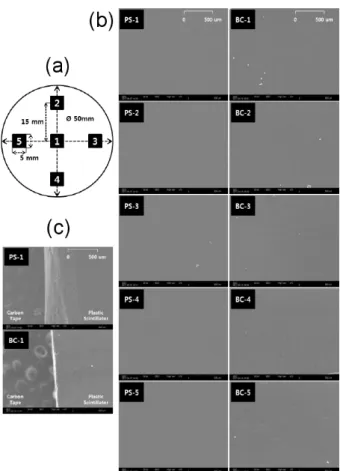 Fig. 5. (a) Selected samples from plastic scintillators for SEM image, (b) SEM images of surface samples where PS-n is the image of sample n from PS-0201 and  BC-n from BC-40004, (c) SEM images oBC-n cuttiBC-ng plaBC-ne for sample-1 of PS-0201 and BC-40004