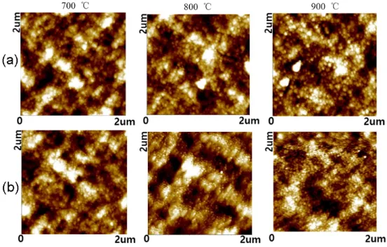 Fig. 4. (Color online) AFM results of the MgO films which were grown on (a) Si(100) substrates and (b) buffer layer.