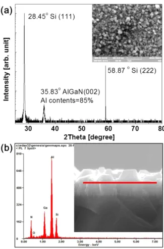 Fig. 4. The result of the XRD 2θ/ω scan and top-view SEM image (inset) of the AlGaN epilayer with Al  con-tents of 88% grown on a Si (111) substrate at the source zone temperature of 800 ◦ C.