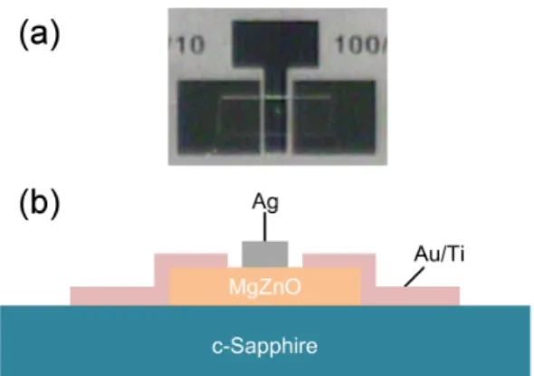 Fig. 1. (Color online) (a) the MgZnO/c-sapphire pattern (b) a schematic cross section of the MgZnO/c-sapphire structure