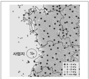 Fig.  3  Average  wind  speed  in  the  height  of  50m  around  Saemankeum  area되고 있다