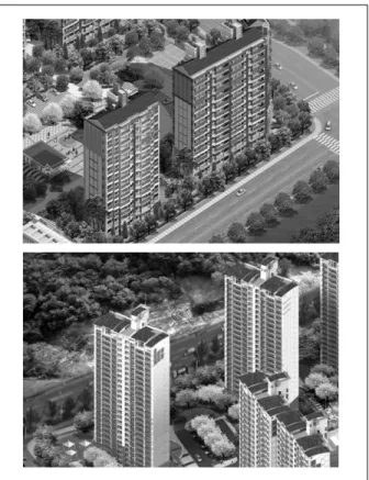Fig.  13  공동주택  단지  내  적용  디자인Fig.  11  외벽용  BIPV모듈  외관Fig.  12  발코니  및  벽면적용 의 변경으로 인해 그림자가 발생하는 부분이 많아서 실제 설 계에 적용할 때 많은 부분 유의하여야 한다