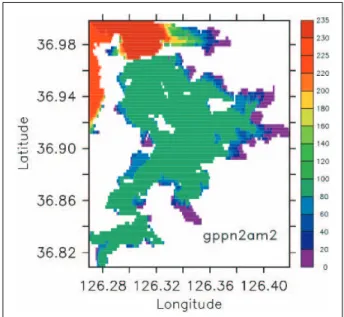 Fig. 9a M2 coamplitude line for the present state (cm). Fig. 9b M2 coamplitude line after Garolim TPP operation