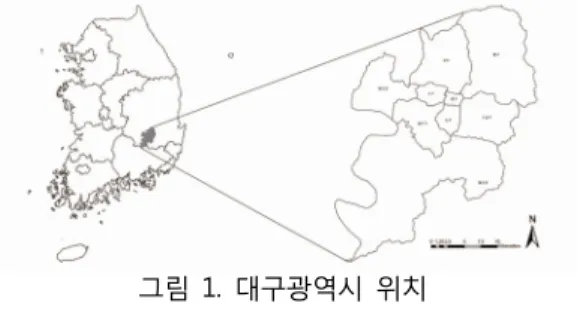 Figure 1. Location of Daegu Metropolitan City인간의  건강과  삶의  질에  직간접적으로  부정적인 영향을  미치게  된다고  알려져  있으며(Baker  et  al., 2002;  Patz  et  al.,2005),  향후에는  기후변화에  따른 기온상승이  심화될  것으로  예상됨에  따라  도시의 열섬현상을  파악하고  취약지역을  선정하여  대책을 세우는  것이  반드시  필요하다.이를  위하여,  도시화에 
