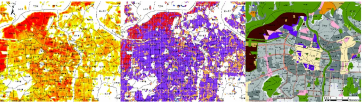Figure 6. LST distribution in hotspot area over 33°C / Distribution of clustering on normalized index  (NDVI, NDBI, NDBal) / Use district map   