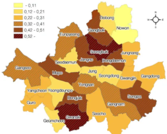 그림 1. 구별 재고주택 대비 분양주택 비중  Fig. 1. Ratio of new to old housing by borough 를  이용하였고,  분양물량은  앞서  설명한  민간  부동산정보업체의  아파트  입주물량  자료를  활용하였다