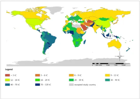 Figure  4.  World  map  of  selected  carbon  credits  per  hectare  for  commitment  period  by countries by 20% conservation scenario