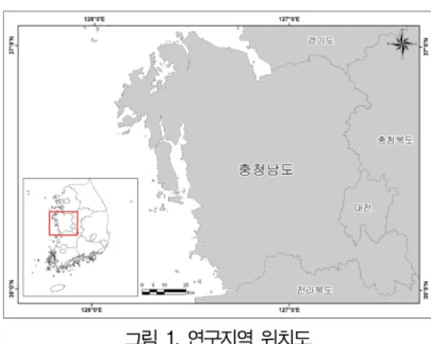 표  1.  획득한 위성영상의 제원그림 1. 연구지역 위치도