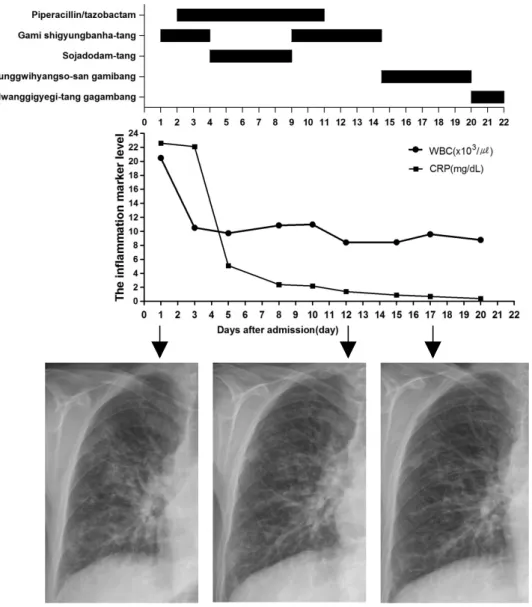 Fig. 2. The change of laboratory and radiological outcomes of patient though progress of treatment.