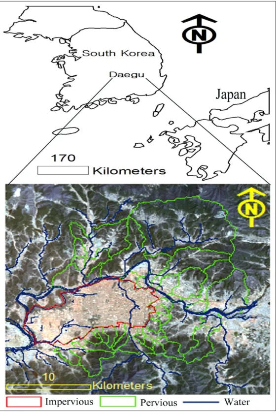 Figure 1. Location map of the study area and impervious zone delineated from a TM satellite  image (acquired in June 2002)