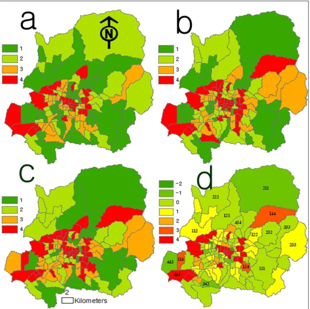Figure 3. Multiple  chloropleth  maps  produced  from  the  matrix  analysis  (Table  2)  for  asthma  hospitalizations changing trends in a GIS environment.