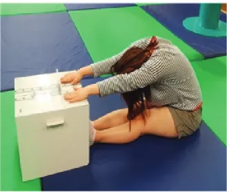그림  1.  앉아  윗몸  앞으로  굽히기  측정기  그림  2.  측정  자세Ⅱ.  연구  방법1.  연구  대상    본  연구의  피실험자는  K대학교에  재학  중인  만  18세에서  21세의  대학생들로  최근  1년간  요통으로  인한 문제가  없고  유연성과  관련된  정기적  운동을  하지  않았으며  본  연구에  자발적으로  참여하고자  하는  30명의 학생으로  하였다