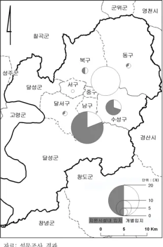 표 1 대구문화콘텐츠 산업의 입지패턴 변화 .그림1.대구문화콘텐츠산업체의 분포