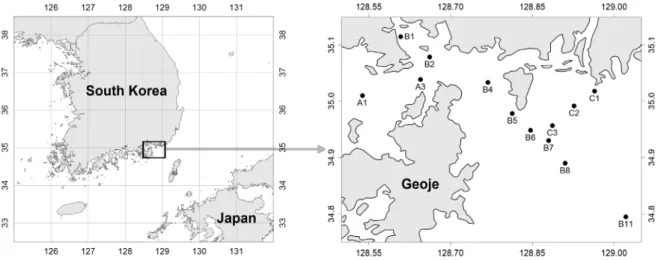 Fig. 1. Map showing the sampling sites of Masan Bay and Nakdong Estuary후 지속적으로 마산만에 대한 오염이 진행되었었다