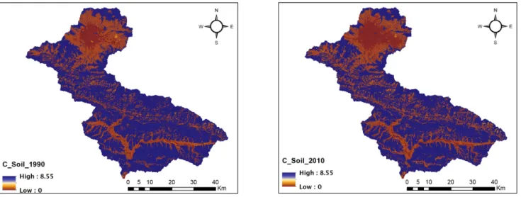 Fig. 3. Soil map for the year 1990 (mg/pixel) Fig. 4. Soil map for the year 2010 (mg/pixel)by 61.38% (1,651.59 ha)