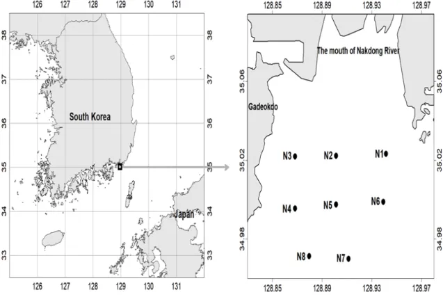 Fig. 1. Map showing the sampling sites of near Nakdong river estuarybiphenyl(PCB)는 물리화학적으로 안정하여 높은 잔류성을 가지고 있고 생태독성도 큰 것으로 알려져 있다