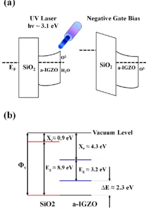 Fig. 5. (Color online) (a) Schematic diagram of hole trapping process under negative gate bias with light illumination, (b) Energy band diagrams for  insulator-semiconductor interface structure.