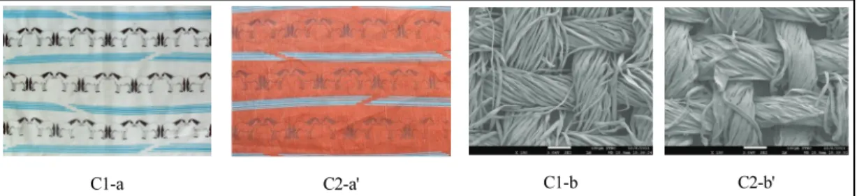 Fig. 2. Photographs of printed rayon fabrics(R1: undyed fabrics, R2: dyed fabrics with persimmon juice)