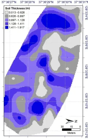 Fig. 4. Digital elevation model (Kim et al., 2015b) Fig. 5. Map of soil thickness (Kim et al., 2015b)