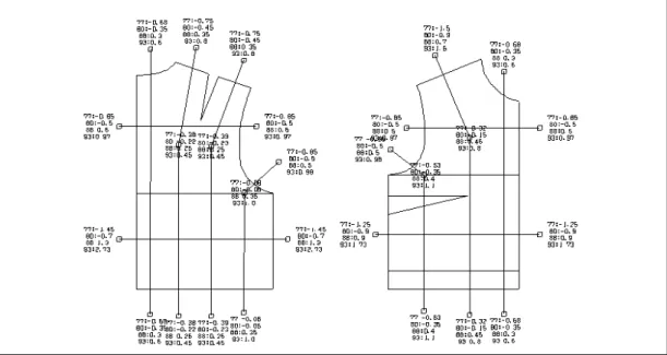 Fig. 1. Grading region and variation 호칭  간  치수  편차와  비교하였을  때,  비슷한  가슴둘레  편차에서는  목밑둘레,  겨드랑앞벽사이길 이,  겨드랑뒤벽사이길이  등  가슴둘레와  상관이 높은 인체치수의  편차가 비례적으로 비슷한  편차를  보여야  하지만  다르다는  것을  알  수  있다